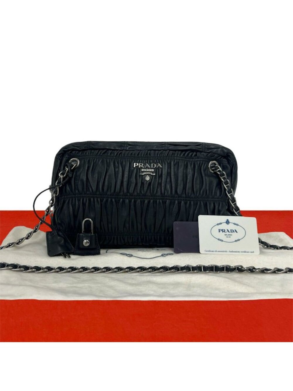 Prada Logo Gathered Leather Chain Shoulder Bag Black